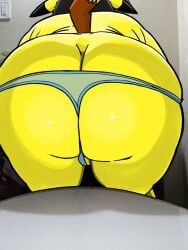 anthro barely_visible_genitalia bent_over big_butt black_ear_tips black_hair blue_bottomwear blue_clothing bottomwear butt butt_focus clothed clothing dipstick_ears draw_over ear_markings fur generation_1_pokemon genitals hair hi_res hyenakenisis male multicolored_ears nintendo pikachu pokemon pokemon_(species) rear_view solo tail topless topless_anthro topless_male yellow_body yellow_fur
