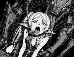 ahe_gao ahegao_face ai_art ai_generated female_orgasm frieren_beyond_journey's_end greyscale interspecies monster monster_on_female pain saliva sex tears teenage_girl teeth tentacle tongue_out zerg