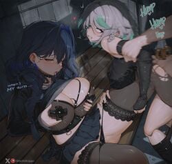1boy 2girls alternate_breast_size_(larger) black_bra black_panties black_shirt black_skirt black_sleeves black_thighhighs blue_eyes blue_hair bra braid breasts cecilia_immergreen clenched_teeth clothes_lift clothes_pull colored_inner_hair commentary english_commentary fishnet_bra fishnet_sleeves fishnets grabbing_another's_arm grabbing_own_breast greatodoggo green_eyes green_hair green_streaks grey_hair hair_intakes hetero highres hololive hololive_english hololive_english_-council- hololive_english_-justice- hololive_english_-promise- lace-trimmed_thighhighs lace_trim large_breasts long_hair miniskirt multicolored_hair multiple_girls navel on_bench open_mouth ouro_kronii panties panty_pull pantyhose pantyhose_pull pleated_skirt sex sex_from_behind shirt shirt_lift short_hair side_braid single_braid sitting skirt spread_legs standing standing_sex streaked_hair teeth thighhighs tongue tongue_out underwear upturned_eyes virtual_youtuber waiting_for_sex waiting_for_turn waiting_her_turn winding_key