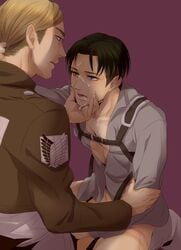 2boys attack_on_titan censored cum cum_in_face erwin_smith facial gay levi levi_ackerman male male_only moge-hera multiple_boys size_difference undressing yaoi