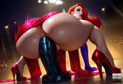 1girls sex_toy makeup dildo high_heels red_hair ass red_dress dildo_riding jewelry earrings dress eyeshadow object_insertion gloves purple_gloves elbow_gloves solo red_footwear lipstick red_lips anal from_behind purple_eyeshadow looking_back long_hair pussy_juice ass_focus anal_object_insertion pussy no_panties anus from_below huge_ass masturbation squatting huge_dildo vaginal female_masturbation sweat red_gloves thighs ai_generated stable_diffusion philon jessica_rabbit