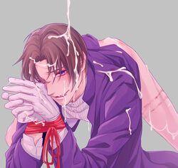 1boy blush bottomless bruise cum facial gloves heshikiri_hasebe jacket looking_at_viewer male_only moge-hera purple_eyes rope smile solo tagme touken_ranbu white_gloves