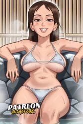 animeneax ai_generated ai_assisted summertime_saga jenny_(summertime_saga) 2d_(artwork) 2d digital_drawing_(artwork) digital_media_(artwork) 1girls female female_only female_focus light_skin light-skinned_female brown_hair brunette long_hair showing_off tease teasing thick_thighs sitting breasts big_breasts cleavage presenting_breasts white_bikini white_bikini_bottom panties underwear bra white_panties white_bra