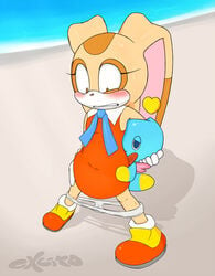 2015 anal anal_sex anthro blush chao_(sonic) cheese_the_chao clothed_sex clothing cream_the_rabbit excito female from_behind implied lagomorph male mammal penetration rabbit sex sonic_(series) stomach_bulge sweat