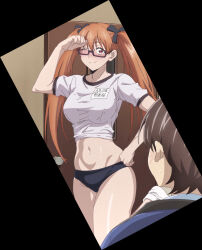 ookii_onnanoko_wa_suki_desu_ka screencap 1girls 1boy clothing brown_hair brown_eyes glasses one_eye_closed breasts medium_breasts navel midriff panties ass hips thighs thick_thighs