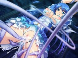 blue_eyes blue_hair blue_panties breasts censored clenched_teeth cum cum_in_pussy female female game_cg hyoui_henshin_extra_souls ishigami_mai long_hair nipples pussy solo sweat tears torn_clothes torn_panties whipping