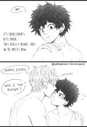 sulkingmoon1 2koma bite_mark nude back kiss comforting abs blush pectorals midoriya_izuku todoroki_shoto boku_no_hero_academia shounen_jump bones_(company) messy_hair freckles two-tone_hair scar yaoi my_hero_academia izuku_midoriya shouto_todoroki
