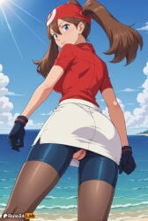 bandana solo blue_eyes brown_hair red_bandana gloves outdoors white_skirt sky skirt pussy short_sleeves bike_shorts cloud breasts shirt day looking_at_viewer parted_lips ass looking_back ocean twintails red_shirt hair_between_eyes beach patreon_username torn_clothes blue_sky water sun long_hair smile uncensored shorts blush collared_shirt black_gloves artist_name from_behind crotch_cutout may_(pokemon) rule34lab hi_res ai_generated pokemon nintendo 1girls female_human