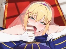 1boy 1girls alexei_barnes_alderp artist_name bar_censor bare_shoulders blue_pants blush bridal_veil bride censored commentary_request darkness_(konosuba) fellatio gloves hair_between_eyes hair_ornament hetero highres jelly_platinum kono_subarashii_sekai_ni_shukufuku_wo! licking licking_penis netorare open_mouth open_pants oral pants penis penis_on_cheek red_carpet saliva scene_interpretation solo_focus spaghetti_strap spread_legs strap_slip tiara tongue tongue_out veil white_gloves x_hair_ornament