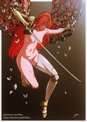 breasts closed_eyes completely_nude completely_nude_female elden_ring female flou malenia_blade_of_miquella navel nipples nude nude_female pussy red_hair wings