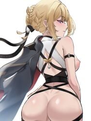 1girl artist_name ass black_jacket blonde_hair braid breasts bun_with_braided_base dimples_of_venus evelyn_chevalier from_behind hair_bun highres jacket looking_back median_furrow medium_breasts mole mole_under_eye nipples no_pants pants parted_lips patreon_username purple_eyes shirt short_hair simple_background smile solo white_background white_shirt wonnikon zenless_zone_zero