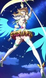 1girls 3:5 ahoge ai_generated ass back_cutout bare_shoulders battle_pose blonde_hair blue_eyes brooch brown_hair cloud colorful constellation crown detached_sleeves dress dynamic_pose earrings exposed_ass female fiddlesticks floating fur_collar fur_trim glasses green_dress green_footwear heterochromia high_heel_boots high_heels highres holding_scythe jewelry late_night layered_skirt league_of_legends legs_apart light-skinned_female light_skin magical_girl medium_hair mini_crown multicolored_dress night no_panties orange_dress pink_eyes pleated_skirt presenting_ass puffy_short_sleeves puffy_sleeves riot_games round_eyewear round_glasses scythe self_upload serious_face sexy_pose short_sleeves small_breasts solo star_(sky) star_(symbol) star_guardian_(league_of_legends) star_guardian_harp star_guardian_series star_nemesis_fiddlesticks starry_sky thighhighs thighs white_footwear white_gloves white_thighhighs wings yellow_dress yellow_skirt