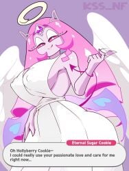 cookie_run cookie_run_kingdom eternal_sugar_cookie hollyberry_cookie kss_nf beckoning offscreen_character clothed demon_tail wings angel_wings crown halo pink_body dialogue text_box armpits pink_hair artist_name alternate_version_available