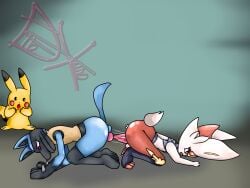 fanart lucario cinderace pokemon pokemon_(species) blue_body blue_fur dog canine canine_genitalia canine_penis knotted_penis femboy big_ass big_penis small_penis male/male anal anal_sex anal_penetration rabbit_ears rabbit_tail white_fur white_body slim_waist ahegao pleasure_face tight_fit prostate_stimulation pikachu