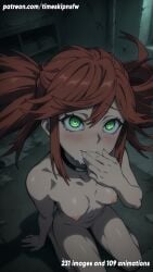 ai_generated anime anime_character anime_coloring anime_girl anime_screencap anime_style blush blushing breasts breasts_out chocker completely_naked covering_mouth cum_in_mouth cum_on_mouth from_above gachiakuta green_eyes hi_res high_quality looking_up naked nipples patreon red_hair riyou_reaper small_breasts smile timeskipnsfw uncensored
