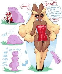 1boy 1femboy anthro black_sclera blush breeder bulge dark-skinned_femboy dark-skinned_male dark_skin dialogue ditto english_text femboy feminization generation_1_pokemon generation_4_pokemon human human_to_anthro human_to_pokemon loggus_doggus lopunny male nintendo pink_eyes pokemon pokemon_(species) speaking speech_bubble talking text thick_thighs transformation transformation_sequence very_high_resolution wide_hips