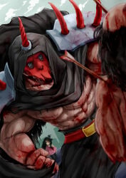 1girl 2boys abs arrow_(projectile) arrow_in_body balding bara biceps black_cloak black_hair bleeding blood blood_on_chest brad_armstrong buddy_(lisa) clenched_hand cloak crying dismemberment gunka_(maggot0111) highres horned_mask injury lisa_(series) lisa_the_painful looking_at_another mask mixed-language_commentary multiple_boys muscular muscular_male pectorals rando_(lisa) shoulder_spikes spikes tears