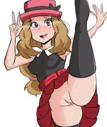 1girl serena_(pokemon) solo pussy v thighhighs hat skirt no_panties long_hair blush breasts blue_eyes split covered_nipples standing_on_one_leg standing uncensored standing_split looking_at_viewer red_skirt white_background brown_hair open_mouth smile black_thighhighs leg_up simple_background sleeveless medium_breasts shirt pleated_skirt leg_lift low-tied_long_hair embarrassed blonde_hair nose_blush black_shirt rider117 pokemon