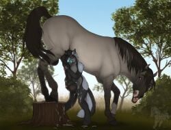 2026 animal_genitalia anthro anthro_on_feral balls bestiality biped canid canine canis digital_drawing_(artwork) digital_media_(artwork) duo equid equine feet fenn.perrox feral fingers fur genitals hi_res hooves horse male male/male male_on_anthro male_on_feral mammal nude nude_anthro nude_male outside penis sheath smile standing tail teeth toes tongue wolf