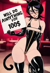ai_generated ai_assisted ai bleach 1girls rukia_kuchiki prussia123 sexy_female sexy sexy_clothing petite_body petite petite_female fit fit_female cat_ears cat_tail latex latex_clothing latex_gloves latex_thighhighs latex_leotard latex_bikini brothel slut prostitution prostitute sign holding_sign tounge_out seductive_pose