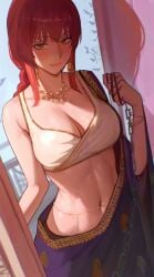 makima_(chainsaw_man) chainsaw_man saree cleavage sfw_version indian_clothes jewelry necklace earrings waist_chain pplord curvy_body curvy_figure big_breasts holding_chain chains red_hair braided_ponytail tagme very_high_resolution absurd_res