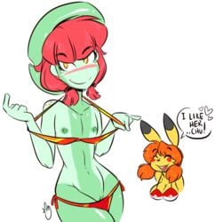 2015 4_fingers anthro bikini blush chu_(duckdraw) cleavage clothed clothing dialogue duckdraw duo female flat_chested freckles futa'chu gina_(duckdraw) hair lombre nintendo nipples orange_hair original original_character original_characters pikachu pokémon_(species) pokemon pokemon_rgby pokemon_rse pussy red_hair simple_background smile solo_focus speech_bubble swimsuit undressing video_games white_background