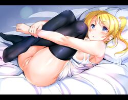 ajishio ayase_eli bare_shoulders bed bed_sheet black_legwear blonde_hair blue_eyes bottomless breasts female female_only human leg_hug letterboxed long_hair looking_at_viewer love_live! love_live!_school_idol_project lying nipples on_back on_bed pillow ponytail pussy scrunchie see-through shiny shiny_skin shirt solo thighhighs tied_hair uncensored wet wet_clothes wet_shirt