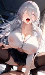 ahegao ai_generated blind cowgirl cowgirl_position hair_between_eyes impacter long_hair milf no_pupils office_lady original original_character pov pov_male riding riding_penis riding_viewer sex_crazed thighhighs tongue tongue_out white_eyes white_hair work_uniform