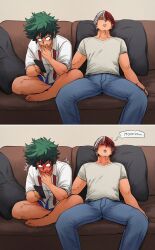 2koma barefoot blush boku_no_hero_academia bones_(company) bulge closed_eyes couch crossed_legs dreaming embarrassed erection feet freckles indoors izuku_midoriya legs looking_down male_only messy_hair midoriya_izuku my_hero_academia nervous pants red_faced scar shirt shounen_jump shouto_todoroki sitting sleeping surprised todoroki_shoto toes two-tone_hair underwear zazaraza33