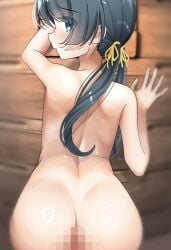 shirohisame idoly_pride okuyama_sumire 1girl 1boy 1boy1girl breasts small_breasts long_hair straight_hair green_hair tied_hair twintails nude naked naked_female blush pussy penis censored mosaic_censoring sex insertion vaginal vaginal_sex vaginal_insertion vaginal_penetration highres standing standing_sex standing_doggy_style bent_over ass against_wall