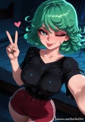 1girl 2026 ai_generated alternate_breast_size anime bed bedroom black_shirt blush boobs breasts cleavage collarbone covered_nipples crossover curly_hair eye_contact female female_focus flushed green_eyes green_hair green_nails heart heart-shaped_pupils highres huge_breasts indoors inside large_breasts looking_at_viewer medium_breasts nail_polish nsfw one-punch_man one_eye_closed patreon patreon_username reaching_towards_viewer red_shorts rognezart selfie shirt short_hair short_shorts short_sleeves shorts smile smiling solo symbol-shaped_pupils tatsumaki tongue tongue_out v