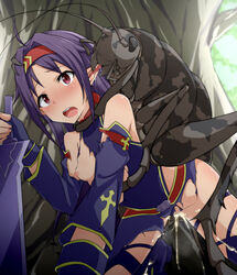 1girls alfheim_online bare_shoulders blue_gloves blush breasts cum cum_in_pussy detached_sleeves elf female feral_on_female fingerless_gloves gloves hairband imp_(alo) insects konno_yuuki licking long_hair mingaru nipples open_mouth pointy_ears purple_hair red_eyes sex single_girl solo sword sword_art_online sword_art_online:_mother's_rosario tongue tongue_out torn_clothes torn_clothing weapon zoophilia