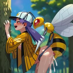 1boy 1girls against_tree ai_generated baseball_cap beedrill blush breasts casey_(pokemon) clothed_sex cum cum_inside dadfox functionally_nude hat jacket_only jacket_open mostly_nude open_mouth outdoors pokemon pokemon_(anime) pokephilia purple_hair red_eyes sex sex_from_behind standing_sex steamy_breath sweat