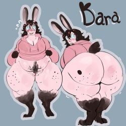 anthro armor ass_up big_breasts big_butt blush bodily_fluids bottomless bracers breasts buckteeth butt clothed clothing eyewear female flustered genitals glasses hi_res huge_butt lagomorph leporid looking_at_viewer mammal open_mouth pubes rabbit red_breadd shortstack shortstack_female simple_background slightly_chubby smile solo standing tail teeth thick_thighs vulva wide_hips