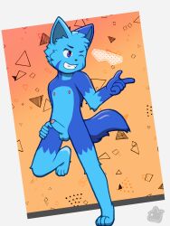 4_toes 5_fingers absurd_res balls blue_arms blue_body blue_ears blue_eyes blue_fur blue_inner_ear blue_legs blue_markings blue_tail domestic_cat erection facial_markings facial_tuft feet felid feline felis finger_gun fingers fluffy fluffy_tail foreskin fur genitals geometric_background gesture gradient_background hand_gesture haziq_(hazumazu) head_markings hi_res humanoid_genitalia inner_ear_fluff male mammal markings multicolored_body multicolored_ears multicolored_eyes multicolored_fur nipples nude nude_male one_eye_closed one_leg_up orange_background partially_retracted_foreskin penis raised_leg red_eyes simple_background smile solo tail teeth toes tuft white_background wink yellow_background