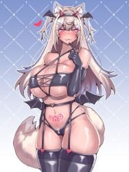 1girls black_gloves devil_costume devil_horns_headband dog_ears dog_girl dog_tail finger_to_mouth fuwawa_abyssgard garter_straps hololive hololive_advent hololive_english large_breasts long_hair looking_at_viewer pubic_hair pubic_hair_peek waieeeee womb_tattoo