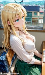 1girls ai_generated blond_hair boku_wa_tomodachi_ga_sukunai breasts butterfly_hair_ornament casual casual_nudity chair classroom cleavage covered_nipples encoder female hair_ornament indoors kashiwazaki_sena large_breasts long_hair no_bra sboku_wa_tomodachi_ga_sukunai school school_bag school_desk school_uniform sitting window