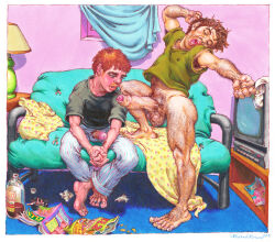 michael_kirwan original gay yaoi tagme traditional_art male male_only yawn brown_hair ginger penis erection penis_through_fly penis_out balls foreskin uncircumcised ass hairy pajamas snack armpit_hair television nipples_visible_through_clothing