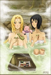 2girls bad_anatomy black_hair blonde_hair breasts cleavage duo female grayscaled highres human naruto onsen sake shizune sushi tonton tsunade