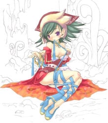 blue_ribbon children_of_mana dress green_hair nipples no_panties partial_nudity purple_eyes ribbon seiken_densetsu seiken_densetsu_ds tamber topless tumble