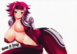 1girls areola_slip areolae blush bodysuit breast_grab breast_hold breasts cameltoe code_geass cover cover_page curvy doujinshi erect_nipples female green_eyes highres huge_breasts kallen_stadtfeld lying navel no_bra on_side open_clothes open_shirt red_hair shirt short_hair smile solo spiked_hair thick_thighs tight_clothes unzipped yasui_riosuke