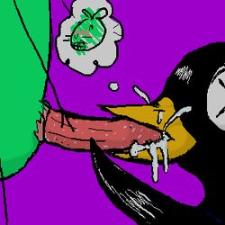 12_oz_mouse 2boys adult_swim anthro avian blowjob blush crossover crow cum drinky_crow furry gay green_fur holding_penis interspecies maakies male/male male_only mouse mouse_fitzgerald purple_background the_drinky_crow_show thought_bubble x_eyes