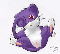 2006 3_toes anus barefoot black_nose chuu color female female_only feral front_view fur furry_ears furry_tail looking_at_viewer nintendo nude pokemon purple_fur rattata red_eyes round_ears solo tail vulva white_background white_fur