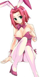 animal_ear blush breasts bunny_ear bunnysuit code_geass female green_eyes high_heels kallen_stadtfeld nipples otabe_sakura otabetaste pantyhose pink_hair puffy_nipples red_hair shoes short_hair wrist_cuffs