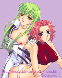 bare_shoulders blue_eyes blush breasts c.c. code_geass erect_nipples fairypink female green_hair kallen_stadtfeld long_hair nipples open_clothes open_shirt panties red_hair shirt short_hair sleeveless sleeveless_turtleneck turtleneck underwear yellow_eyes