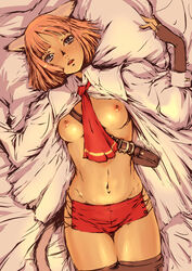 bed between_breasts blue_eyes branch_(artist) branch_(blackrabbits) breasts clothes_between_breasts female female_only final_fantasy final_fantasy_xi fingerless_gloves gloves lying mithra navel nipples open_clothes open_shirt red_hair shirt short_hair solo tail