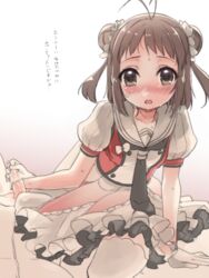 1boy arm_support blush brown_hair cum cum_in_glove double_bun ejaculation female gloves handjob kantai_collection ko_ru_ri looking_at_viewer naka_(kantai_collection) open_mouth penis school_uniform short_hair solo_focus straight text thighhighs translation_request white_legwear