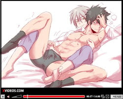 2boys abs black_hair blush briefs bulge fake_screenshot gay grey_hair kougami_shin'ya makishima_shougo male_only mouth_hold multiple_boys muscle pecs psycho-pass shinya_kougami smile socks trembling underwear undressing yaoi