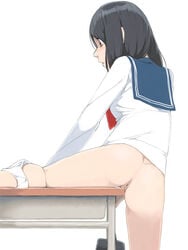 akinbo_(hyouka_fuyou) anus ass bag black_hair bottomless brown_eyes crotch_rub desk dimples_of_venus female leg_lift masturbation original panties panties_around_leg pussy pussy_juice school_bag school_uniform solo table_humping underwear white_panties