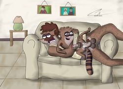 anal balls briefs camsan_r_s cartoon_network clothing cum cum_inside dirty father father_and_son hair hug incest male male_only parent penetration regular_show rigby_(regular_show) sherm_(regular_show) size_difference smell sofa son underwear yaoi